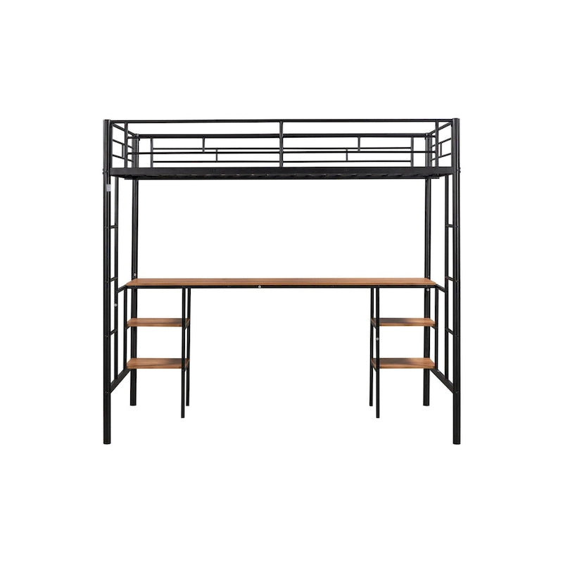 Black Metal Loft Bed with Built-in Desk, Shelves and Safety Guardrail