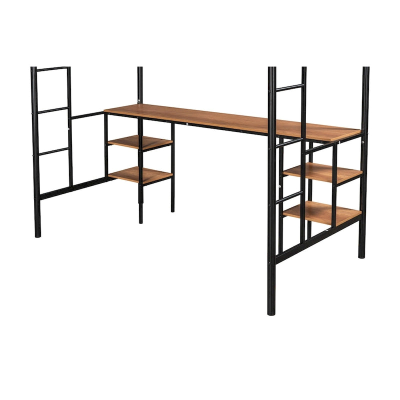 Black Metal Loft Bed with Built-in Desk, Shelves and Safety Guardrail