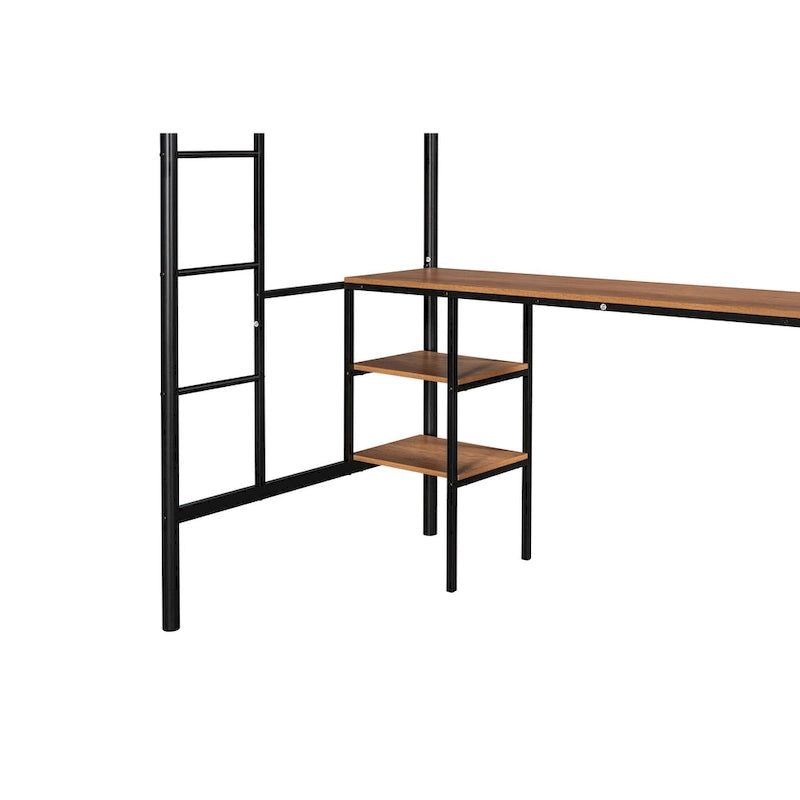 Black Metal Loft Bed with Built-in Desk, Shelves and Safety Guardrail