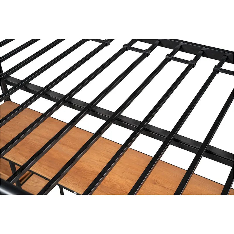 Black Metal Loft Bed with Built-in Desk, Shelves and Safety Guardrail