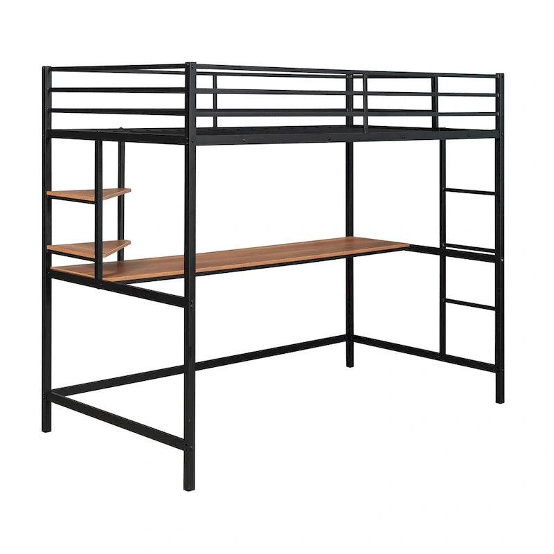 Schwarzes Metall-Hochbett in Twin-Größe mit Schreibtisch, Regalen und Leiter
