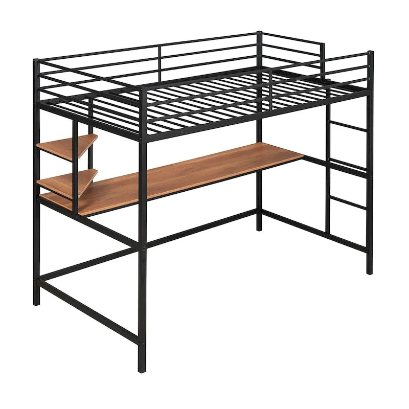 Black Metal Twin Loft Bed with Desk, Shelves and Ladder