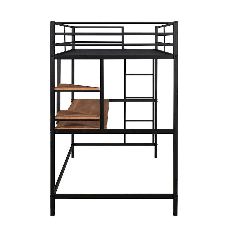 Black Metal Twin Loft Bed with Desk, Shelves and Ladder