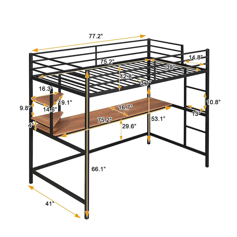 Schwarzes Metall-Hochbett in Twin-Größe mit Schreibtisch, Regalen und Leiter