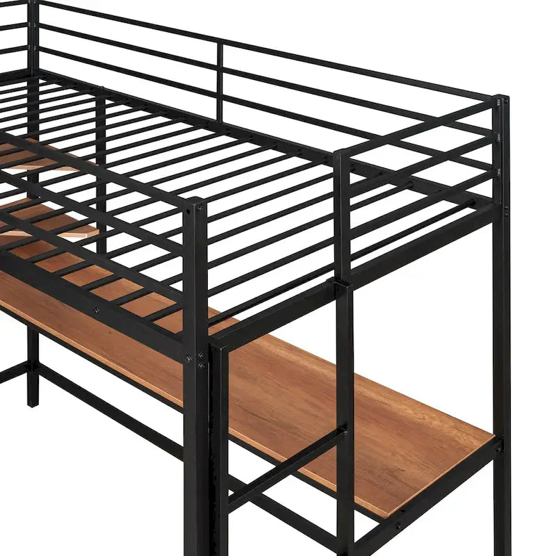 Schwarzes Metall-Hochbett in Twin-Größe mit Schreibtisch, Regalen und Leiter