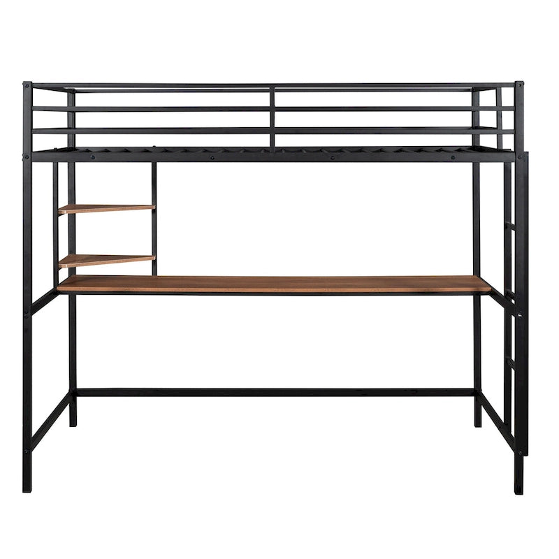 Schwarzes Metall-Hochbett in Twin-Größe mit Schreibtisch, Regalen und Leiter