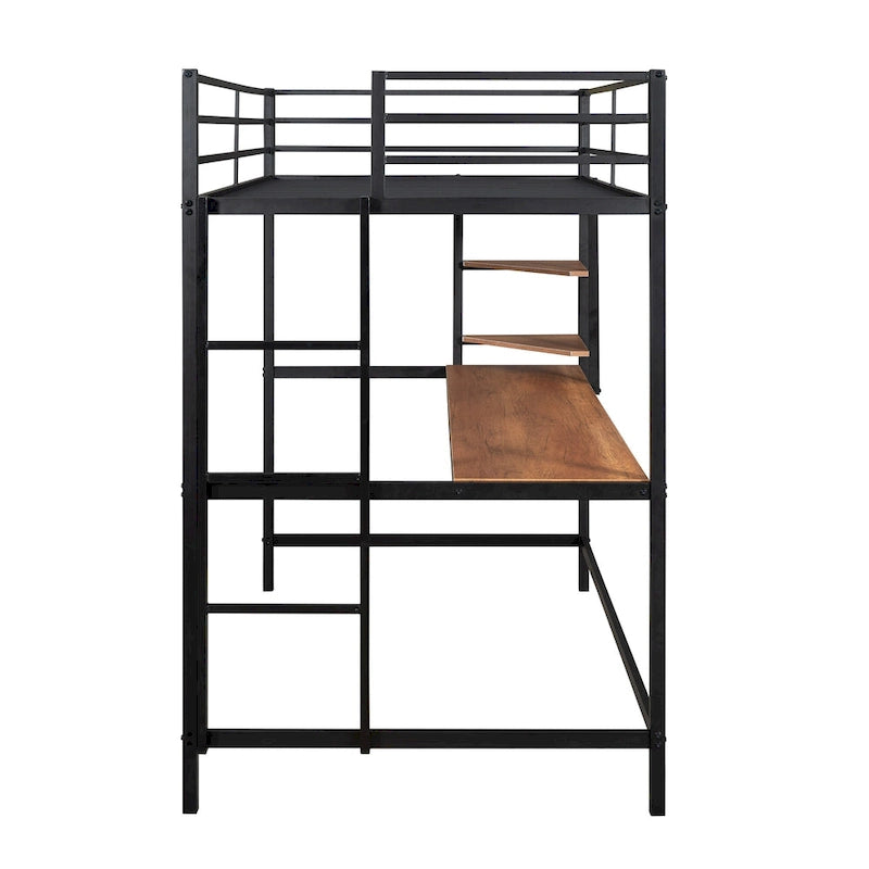 Schwarzes Metall-Hochbett in Twin-Größe mit Schreibtisch, Regalen und Leiter