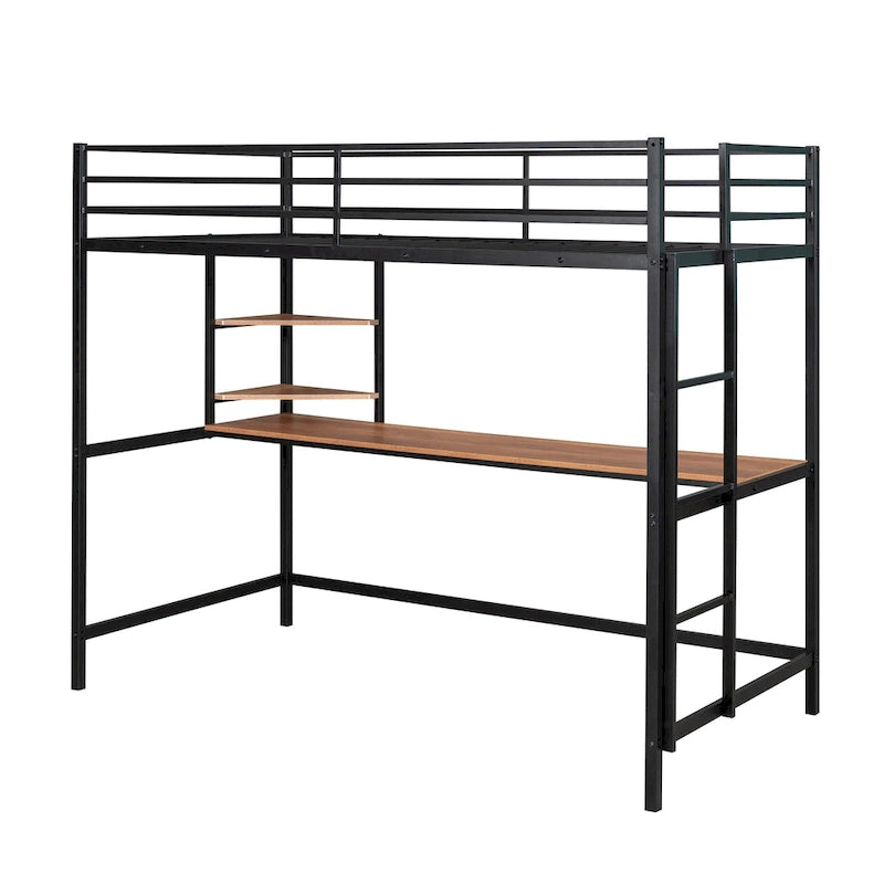 Schwarzes Metall-Hochbett in Twin-Größe mit Schreibtisch, Regalen und Leiter