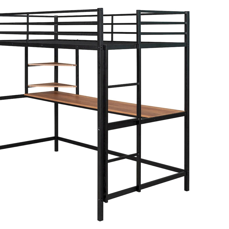 Schwarzes Metall-Hochbett in Twin-Größe mit Schreibtisch, Regalen und Leiter