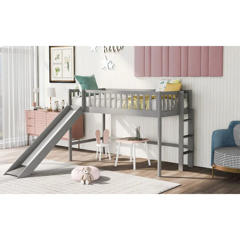 Gray Pine Wood Low Loft Bed with Slide and Ladder for Kids