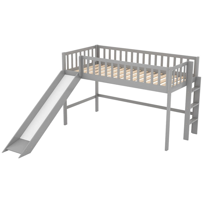 Gray Pine Wood Low Loft Bed with Slide and Ladder for Kids
