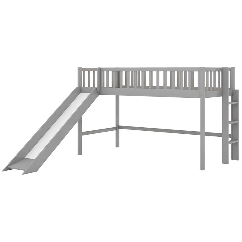 Gray Pine Wood Low Loft Bed with Slide and Ladder for Kids