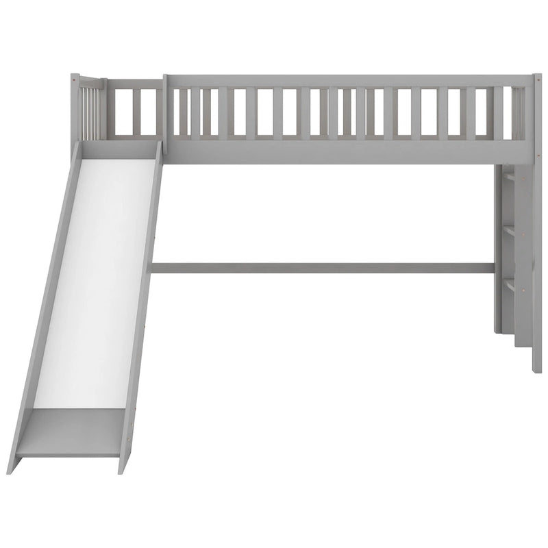 Gray Pine Wood Low Loft Bed with Slide and Ladder for Kids