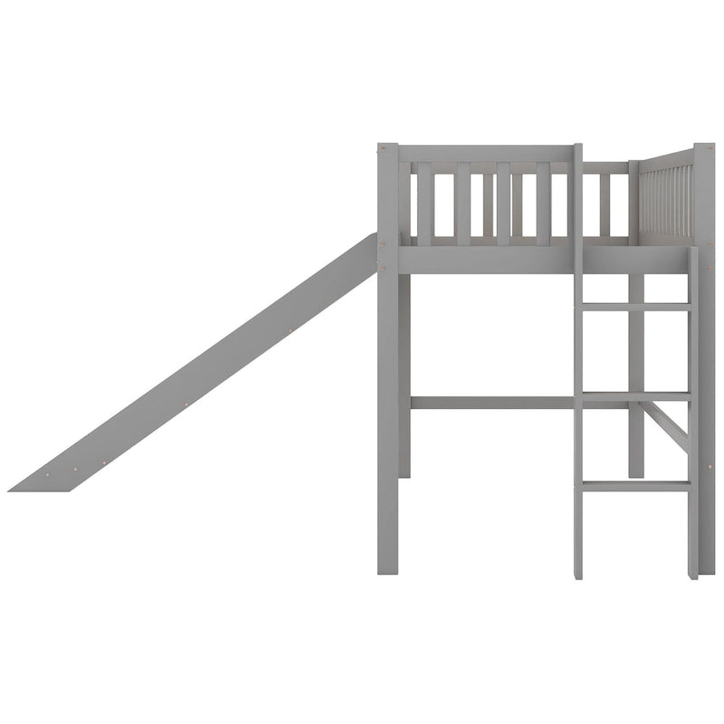 Gray Pine Wood Low Loft Bed with Slide and Ladder for Kids
