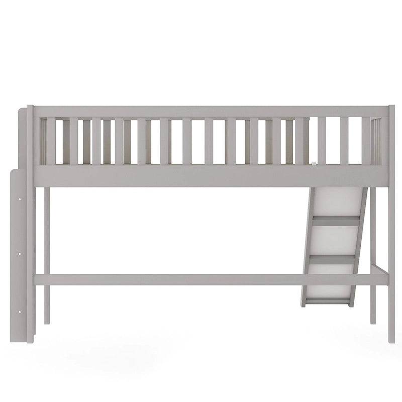 Gray Pine Wood Low Loft Bed with Slide and Ladder for Kids