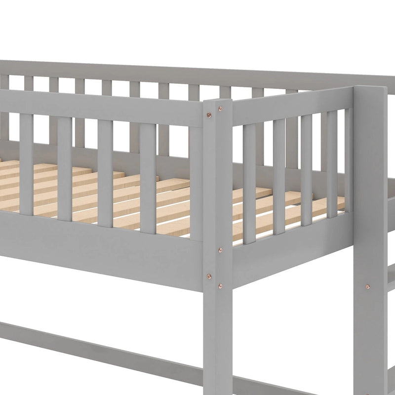 Gray Pine Wood Low Loft Bed with Slide and Ladder for Kids