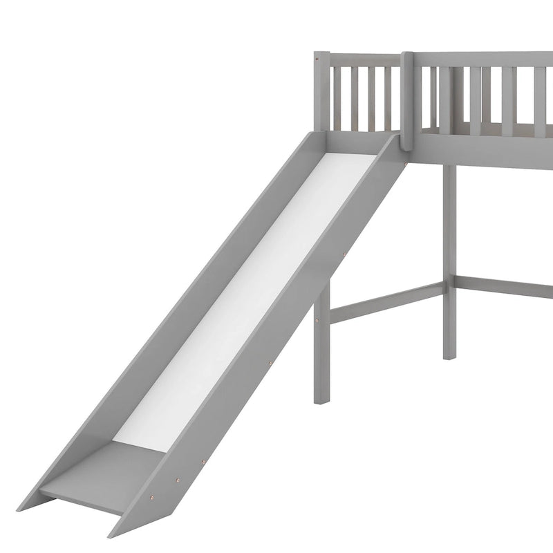 Gray Pine Wood Low Loft Bed with Slide and Ladder for Kids