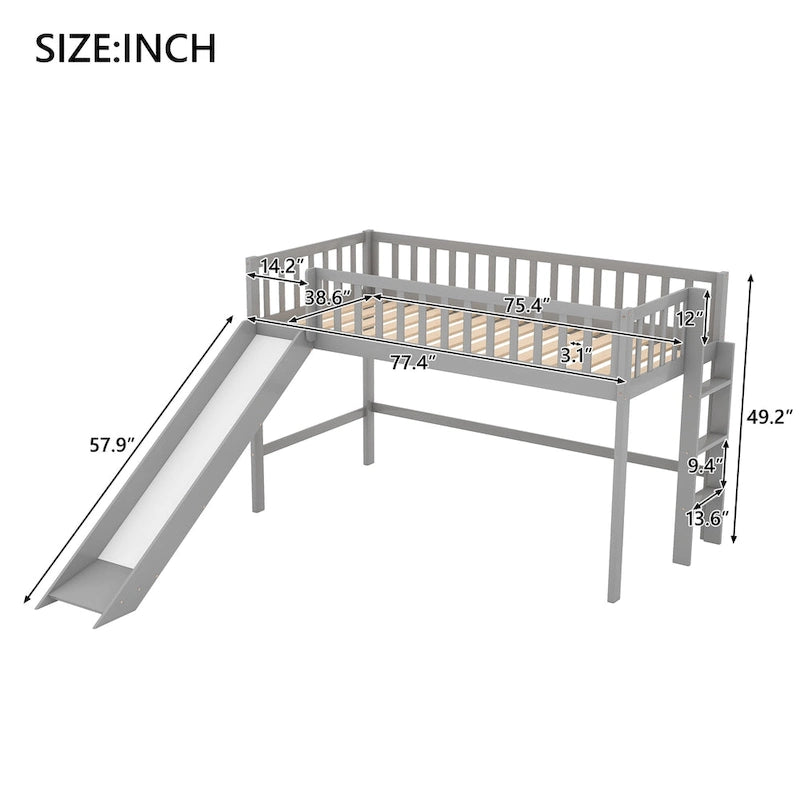 Gray Pine Wood Low Loft Bed with Slide and Ladder for Kids