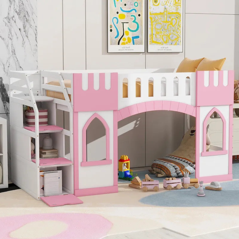 Pink White Castle-Themed Kids Wood Loft Bed with Storage Staircase