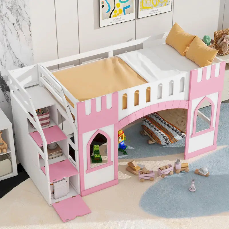 Pink White Castle-Themed Kids Wood Loft Bed with Storage Staircase