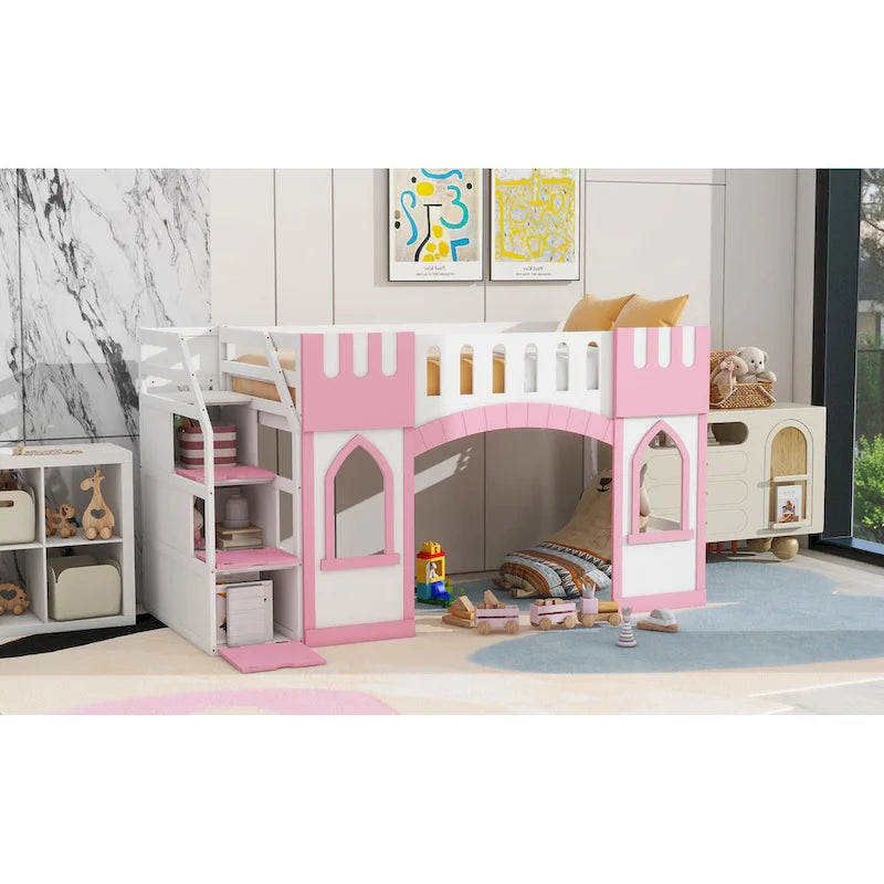 Pink White Castle-Themed Kids Wood Loft Bed with Storage Staircase