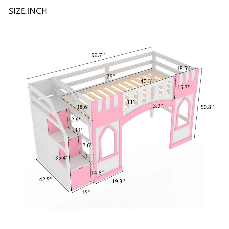 Pink White Castle-Themed Kids Wood Loft Bed with Storage Staircase