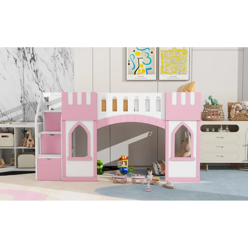 Pink White Castle-Themed Kids Wood Loft Bed with Storage Staircase