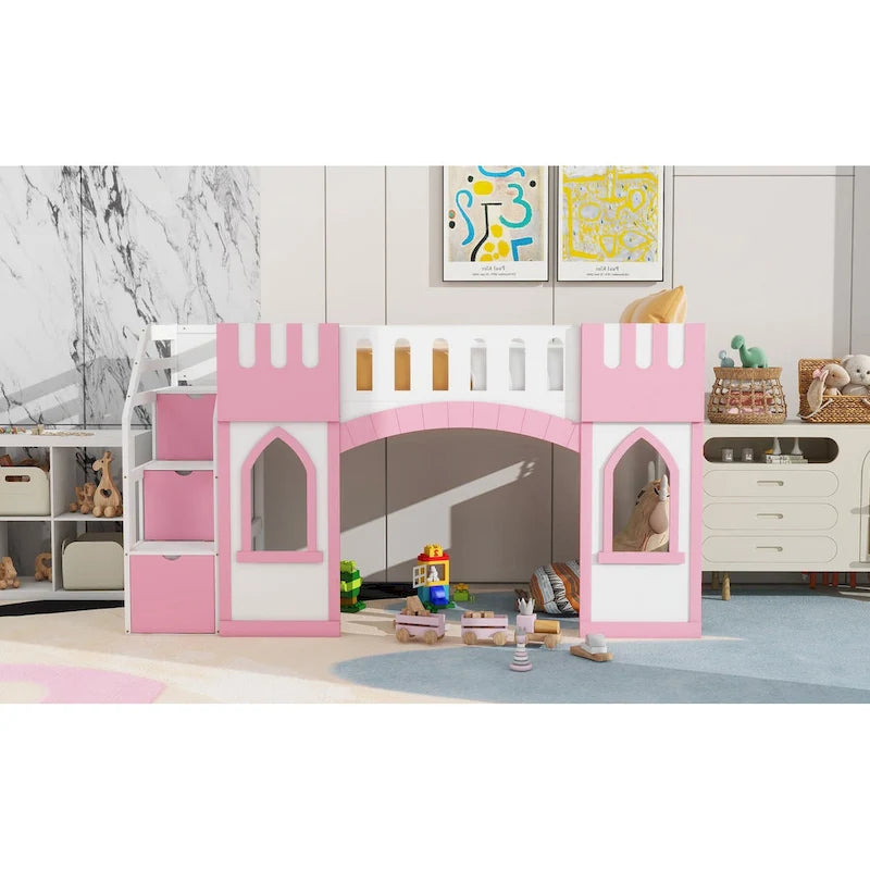 Pink White Castle-Themed Kids Wood Loft Bed with Storage Staircase