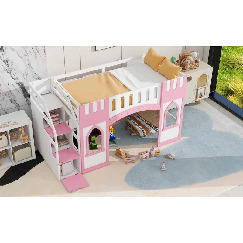 Pink White Castle-Themed Kids Wood Loft Bed with Storage Staircase