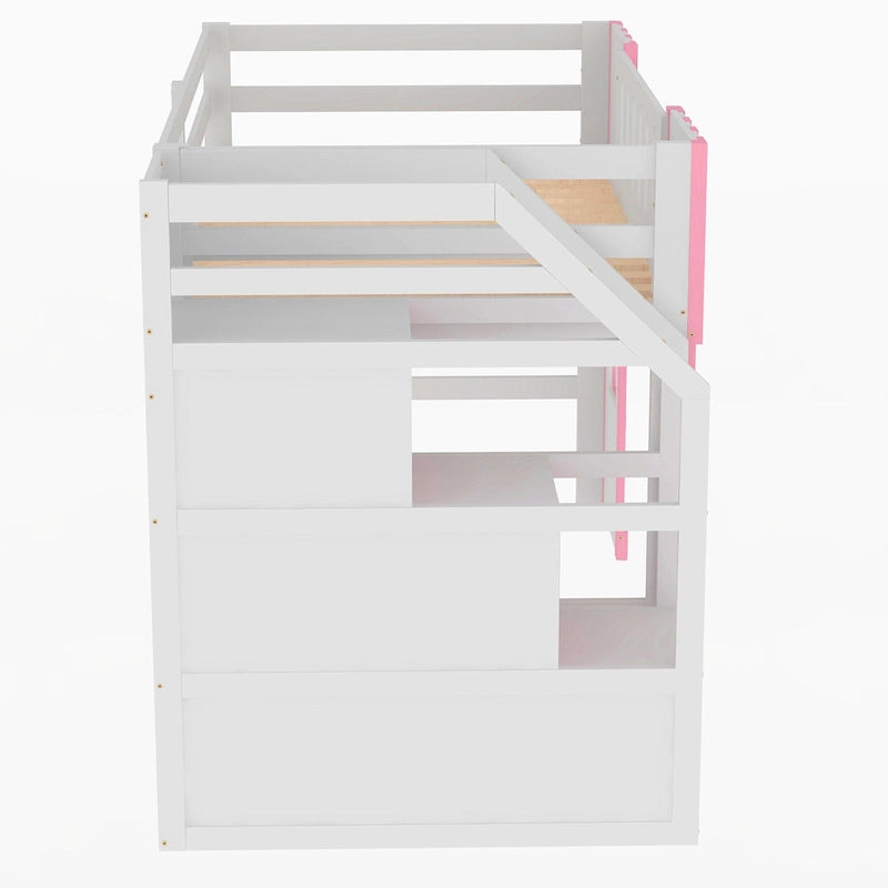 Pink White Castle-Themed Kids Wood Loft Bed with Storage Staircase