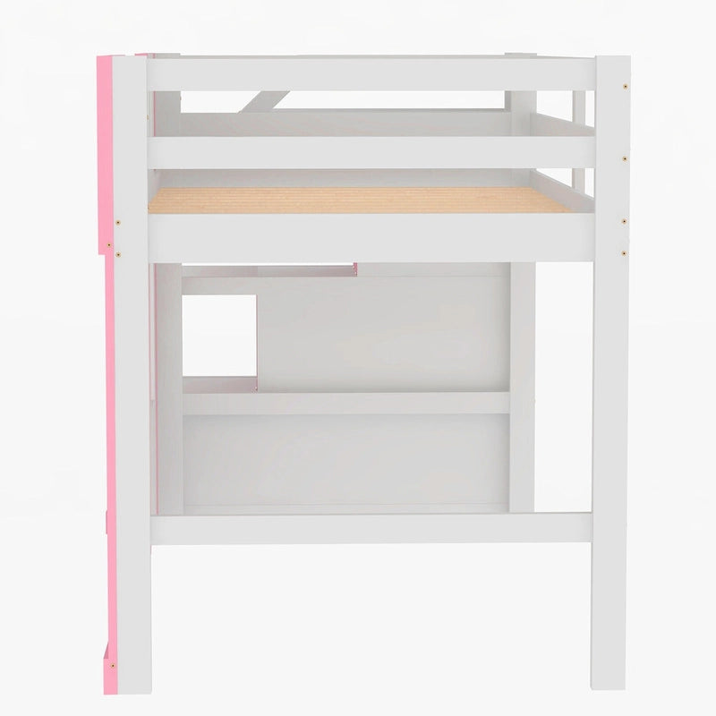 Pink White Castle-Themed Kids Wood Loft Bed with Storage Staircase