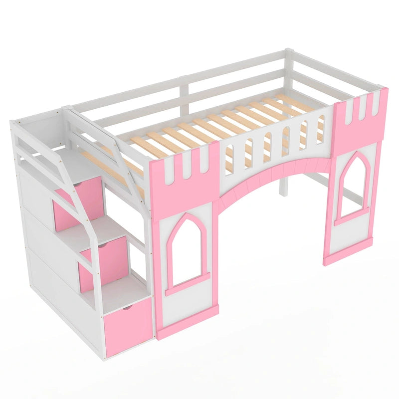 Pink White Castle-Themed Kids Wood Loft Bed with Storage Staircase