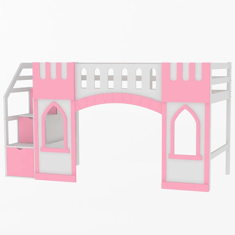 Pink White Castle-Themed Kids Wood Loft Bed with Storage Staircase