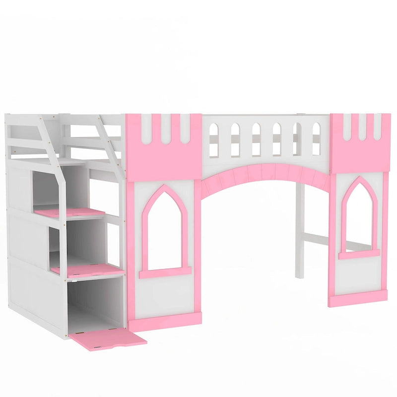 Pink White Castle-Themed Kids Wood Loft Bed with Storage Staircase