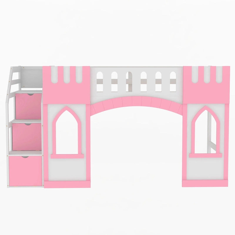 Pink White Castle-Themed Kids Wood Loft Bed with Storage Staircase