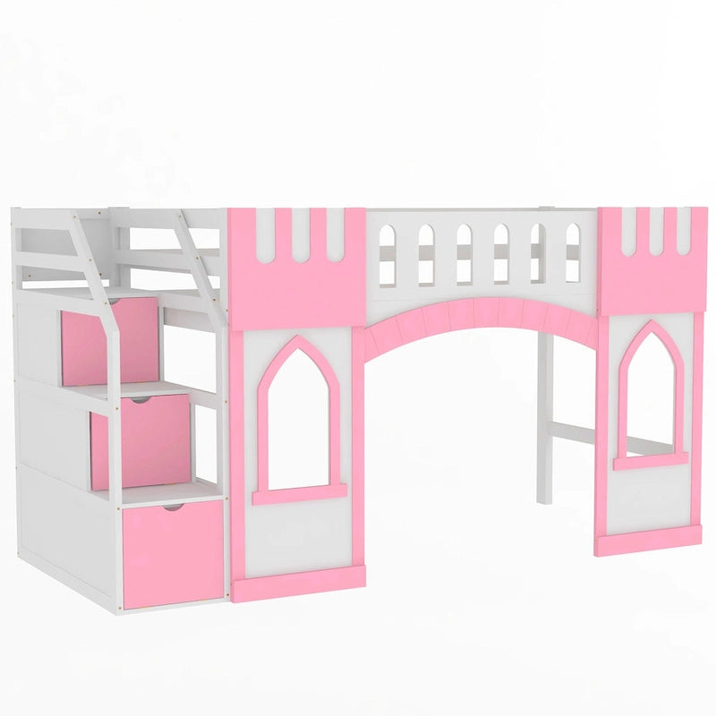 Pink White Castle-Themed Kids Wood Loft Bed with Storage Staircase