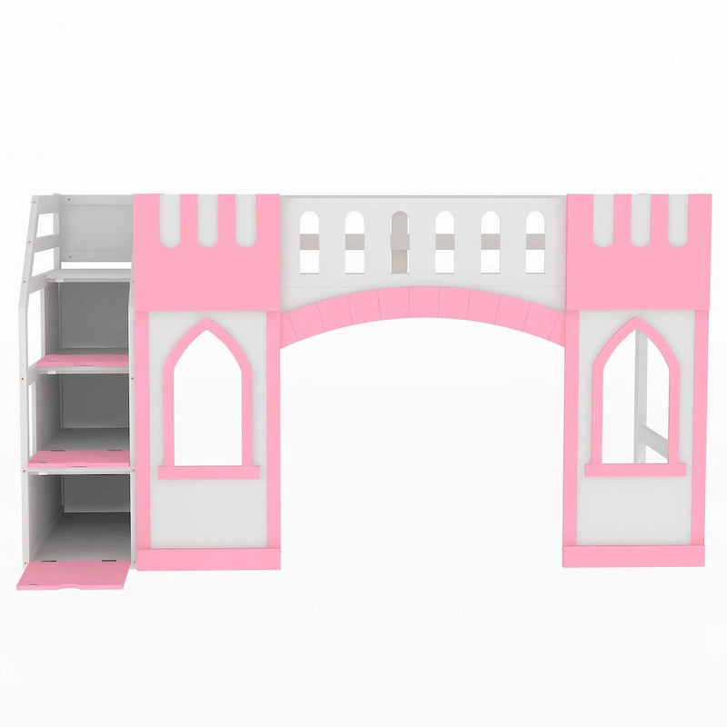 Pink White Castle-Themed Kids Wood Loft Bed with Storage Staircase