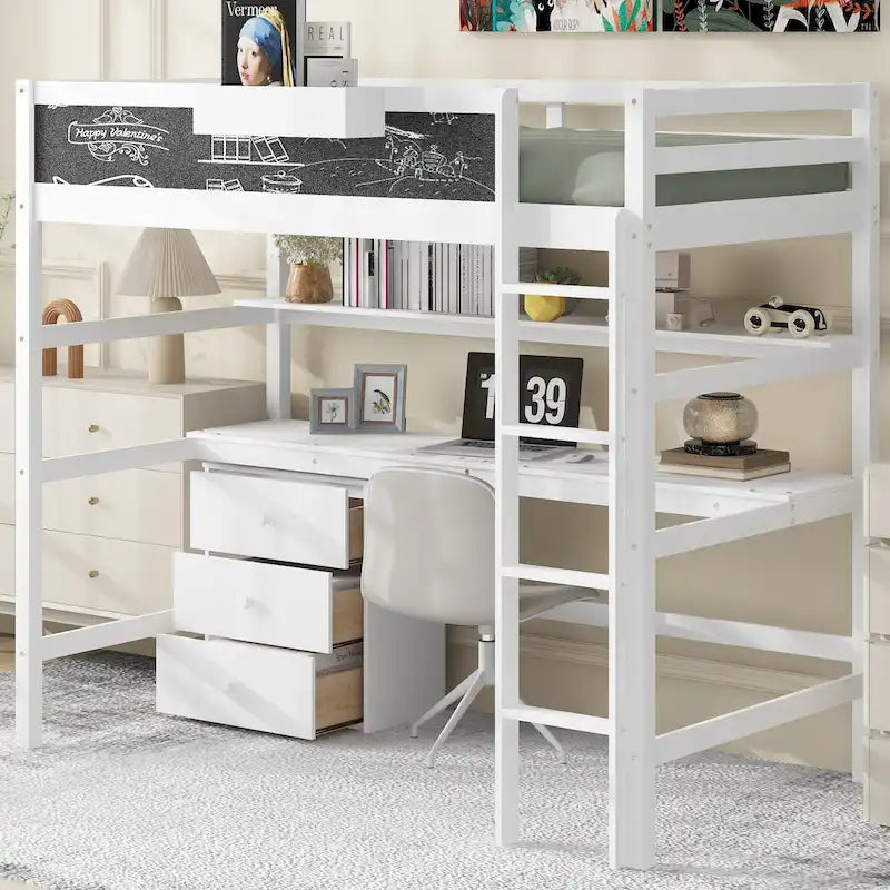 Lit mezzanine simple blanc avec bureau, tableau noir, tiroirs et étagères de rangement