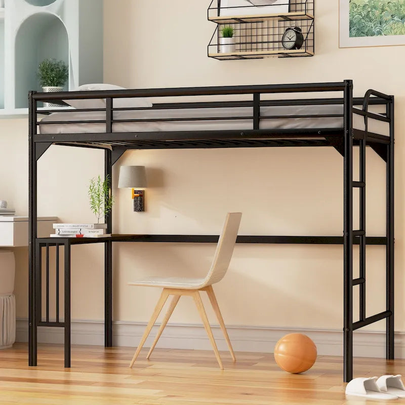 Black Twin Size Metal Loft Bed with Desk and Guardrails for Kids Bedroom