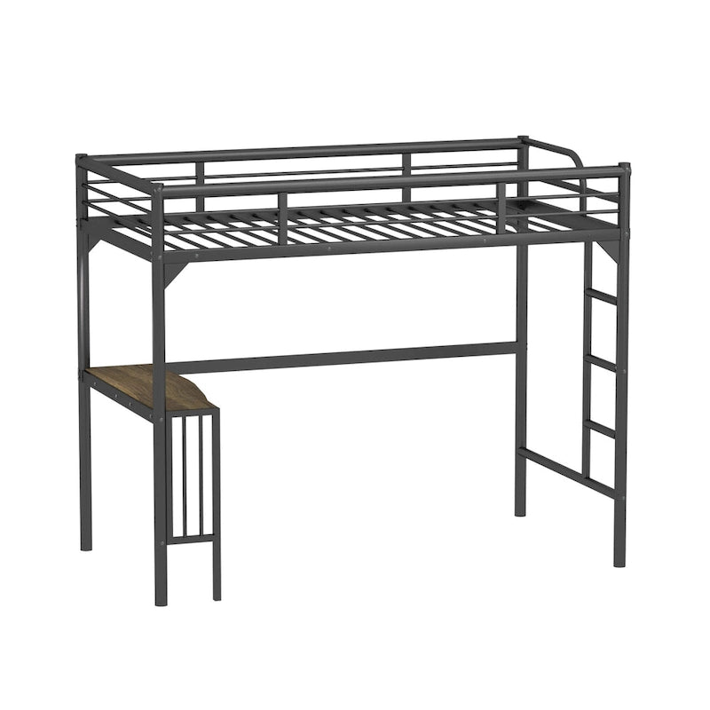Black Twin Size Metal Loft Bed with Desk and Guardrails for Kids Bedroom
