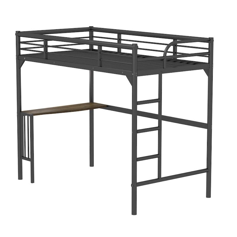Black Twin Size Metal Loft Bed with Desk and Guardrails for Kids Bedroom