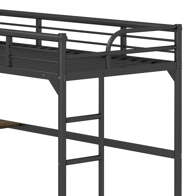 Black Twin Size Metal Loft Bed with Desk and Guardrails for Kids Bedroom