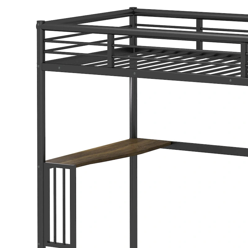 Black Twin Size Metal Loft Bed with Desk and Guardrails for Kids Bedroom