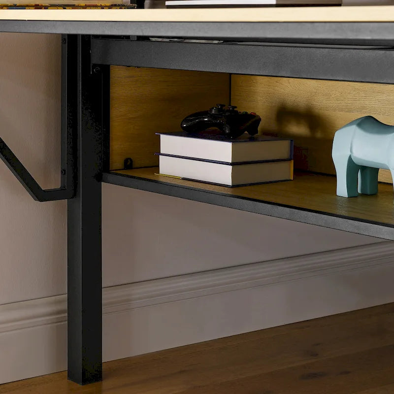 Black Natural Full Size Metal Loft Bed with Desk and Storage Shelves