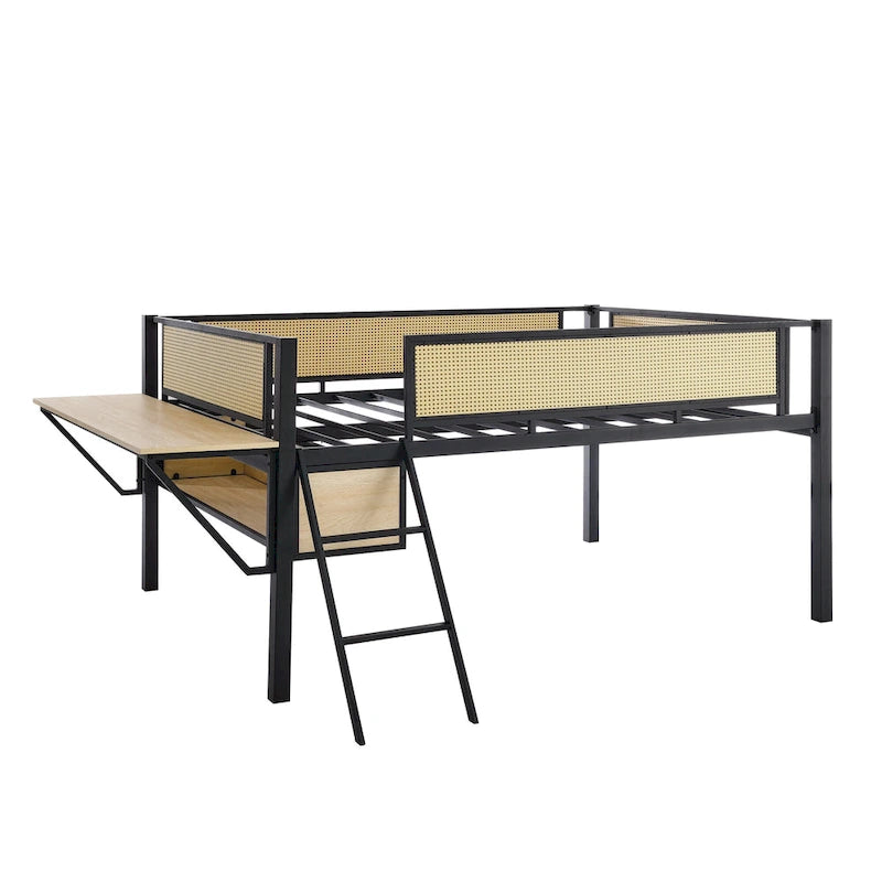 Lit mezzanine double en métal noir et naturel avec bureau et étagères de rangement