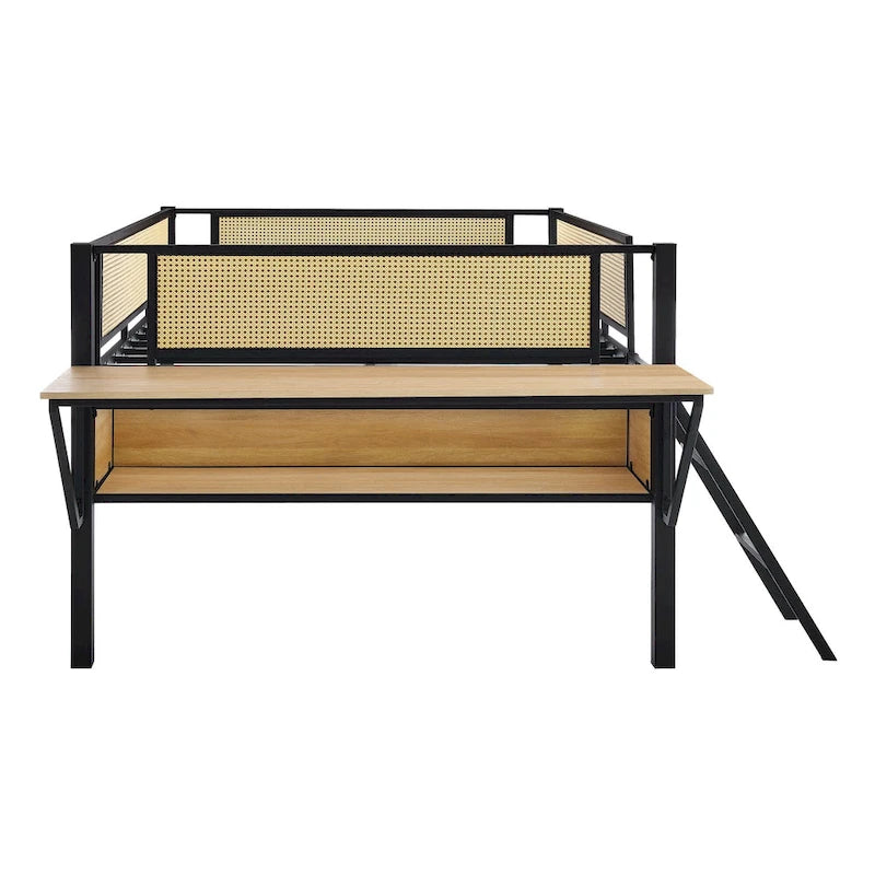 Lit mezzanine double en métal noir et naturel avec bureau et étagères de rangement