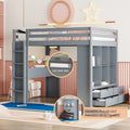 Gray Full Size Loft Bed with Storage Shelves, Desk and LED Lights