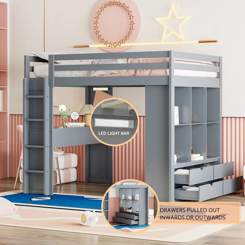 Gray Full Size Loft Bed with Storage Shelves, Desk and LED Lights