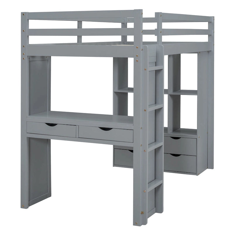 Gray Full Size Loft Bed with Storage Shelves, Desk and LED Lights