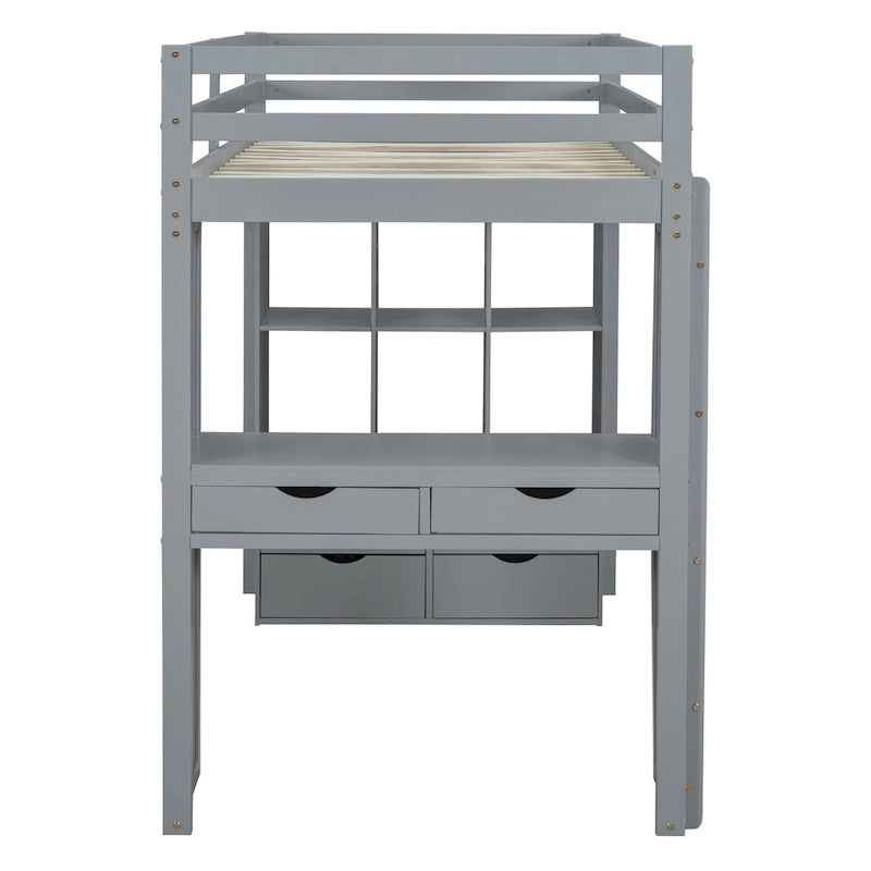 Gray Full Size Loft Bed with Storage Shelves, Desk and LED Lights